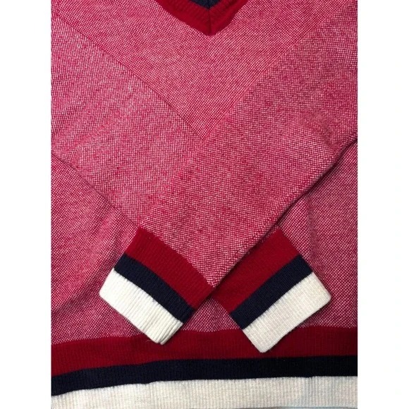 Brooks Brothers Preppy Red Fleece V Neck Sweater Red White Blue Stripe Trim - Picture 2 of 4